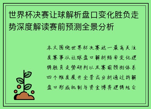 世界杯决赛让球解析盘口变化胜负走势深度解读赛前预测全景分析